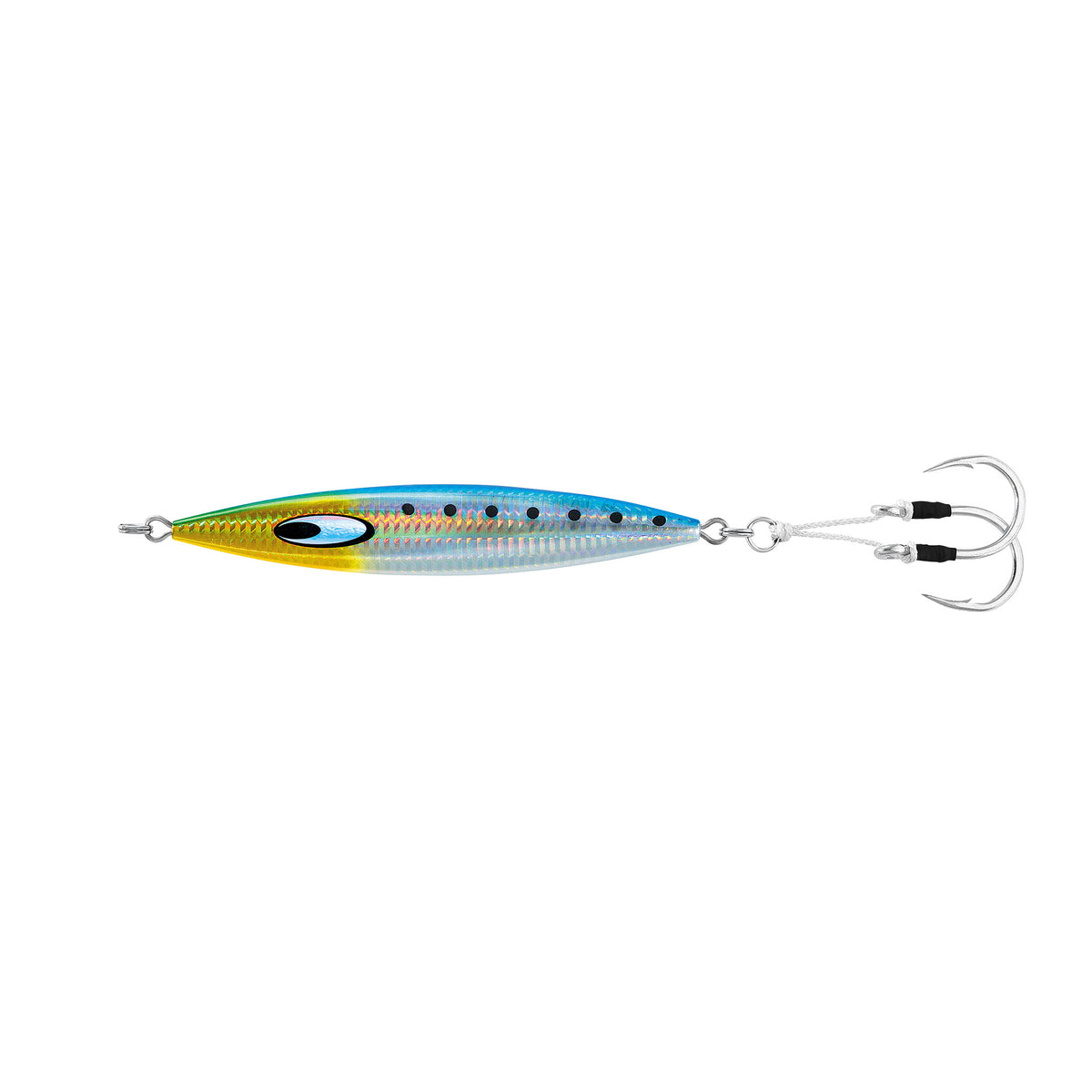 Daiwa Saltiga SK Jig 300g Sardine, blÄ/gul, svarta prickar, dubbla trekrokar. Perfekt för slow jigging och fiskeÀventyr.