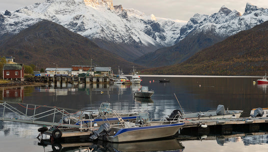 Små båtar vid brygga i lugn fjord, snötäckta fjäll och skogssluttningar. Mysiga hus vid vattnet - perfekt för fiskeäventyr.