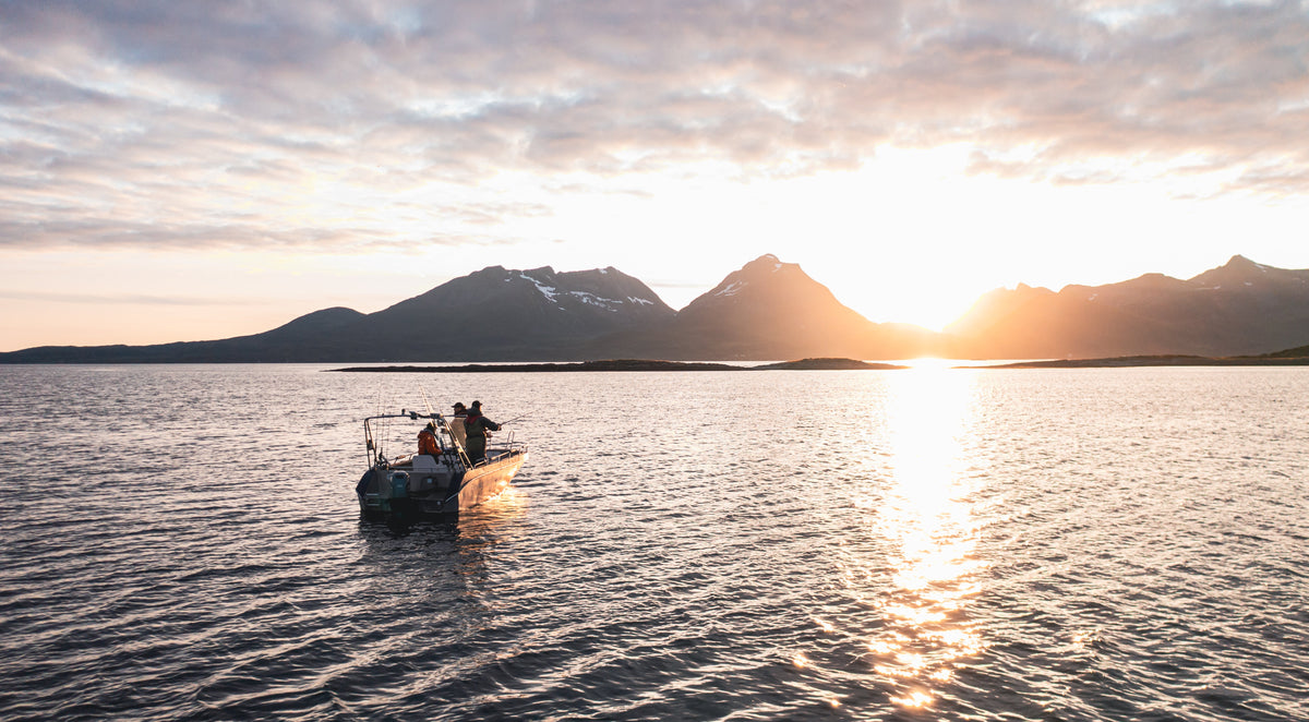 Fiskebåt i kvällssol bland fjällen utanför Frovåg på Senja i Norge