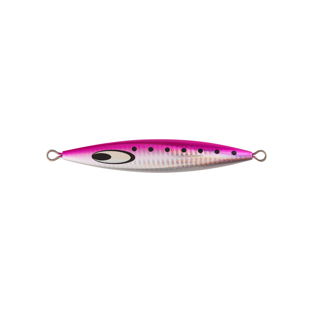 Daiwa Saltiga SK Jig 250g Pink Iwashi - långsam jigg för havsfiske, silverfärgad med rosa topp och svarta prickar.