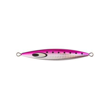Daiwa Saltiga SK Jig 250g Pink Iwashi - långsam jigg för havsfiske, silverfärgad med rosa topp och svarta prickar.