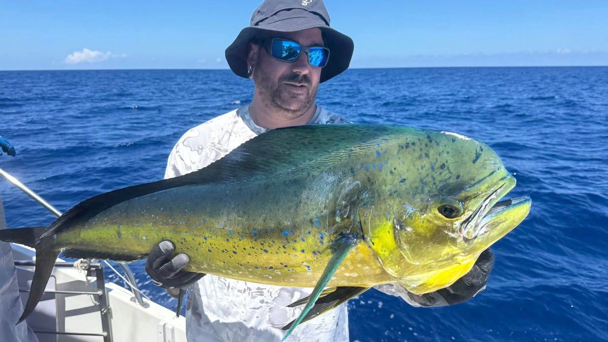 En sportfiskare med solglasögon och hatt står på en båt och håller en stor mahi-mahi mot blått hav och klar himmel.