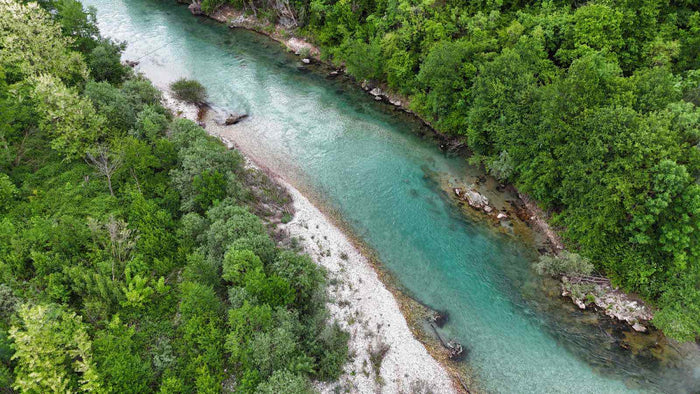Flygfoto över slingrande turkos älv, idealisk för sportfiske, omgiven av täta gröna träd och smal stenstrand i dagsljus.