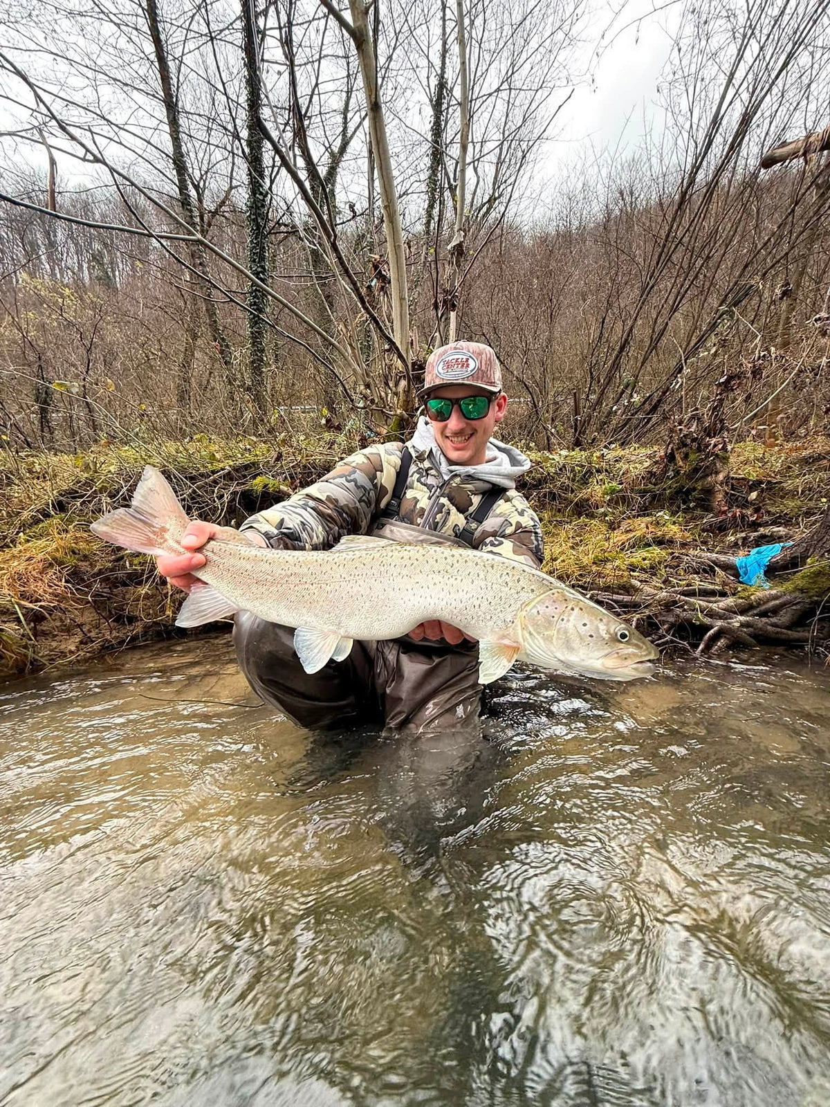 Fiskare håller upp en stor huchen vid flodkanten i Bosnien
