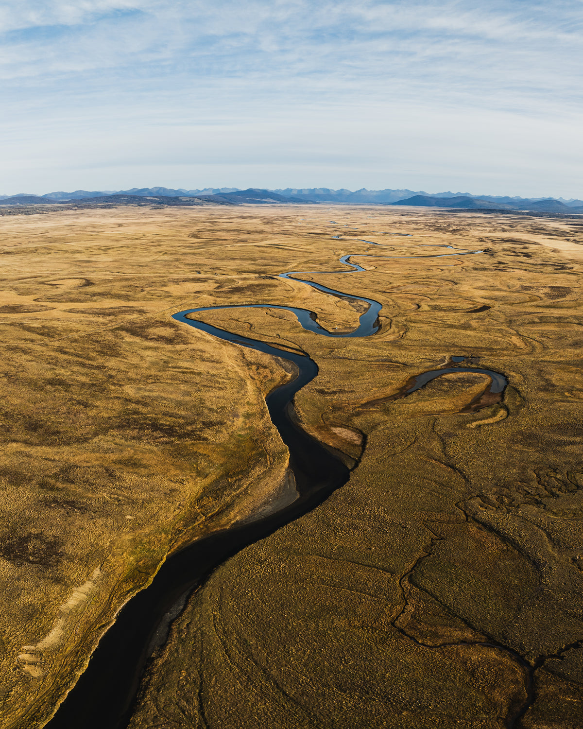 Flygfoto över slingrande flod i vidsträckt landskap med fjärran berg - perfekt för fiskeresa och unika fiskeäventyr.