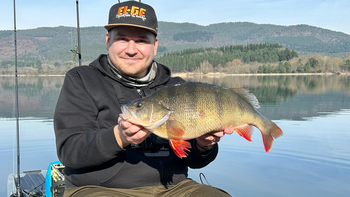 Sportfiskare i svart keps och hoodie håller en stor grön-orange fisk i båt på lugn sjö, skog och klar himmel i bakgrunden.