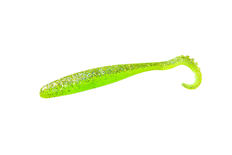 RenzStein RenzWorm 11cm, 5g 10-pack, grön-gul glitterjigg i TPE, fiskedrag för abborrefiske. Perfekt för sportfiske.