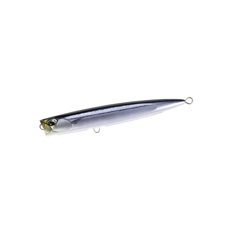 DUO Rough Trail Bubbly 225F Live Saury popper i silver och blått, perfekt för tropiskt ytfiske efter stora rovfiskar.