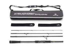 Hearty Rise Skywalker Norway Spinning 2,36 m 50–150 g – resespö med svart handtag, fodral och grå spöväska