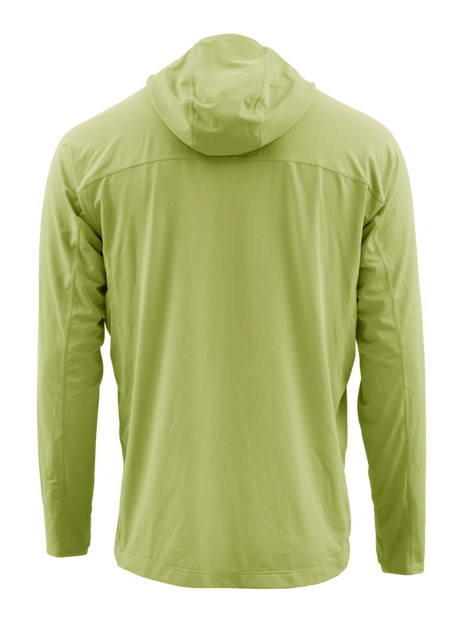 Skwalas Sol Defense Hoody i ljusgrönt, sedd bakifrån, långärmad med huva och UV-skydd för sportfiske och resor.