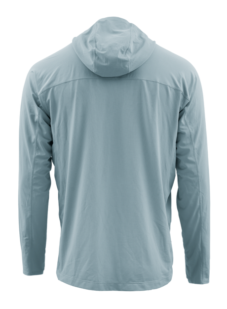 Skwala Fishing Sol Defense Hoody i ljusblått, sedd bakifrån, lättviktsfiskeplagg med UPF-skydd för soliga fiskesor.