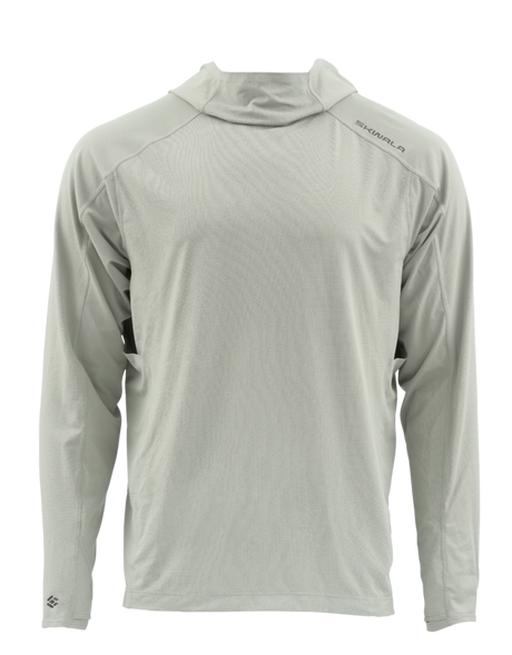 Skwala Fishing Sol Defense Hoody - ljusgrå fisketröja med långa ärmar, UPF skydd, logotyper, perfekt för sportfiske och resor.