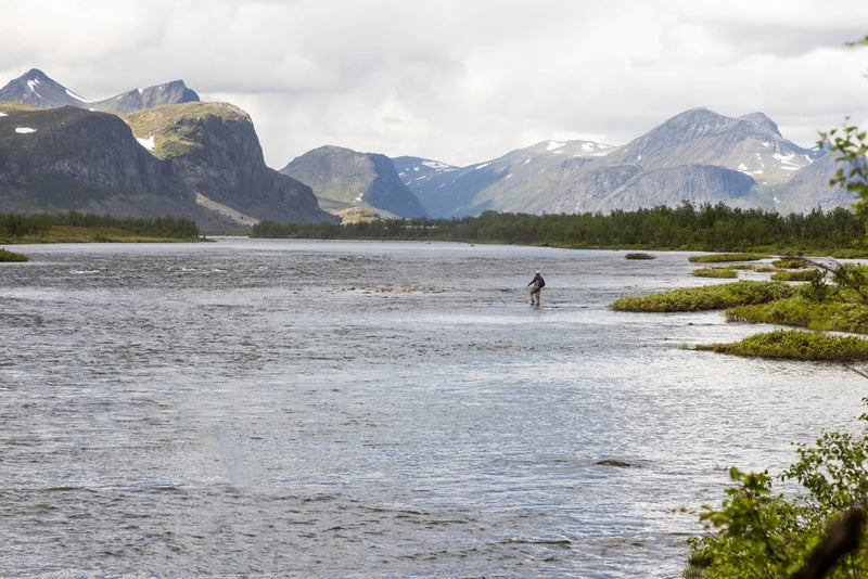 Sportfiskare fiskar i bred, grund älv med gröna stränder, höga fjäll och snöfläckar-idealisk plats för fiskeresa.