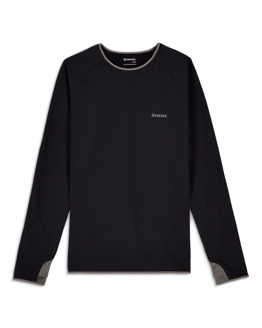 Simms Strata 200 Crew Black, långärmad fleece med SIMMS-logo - perfekt mellanlager för fiskeäventyr i kyligt väder.