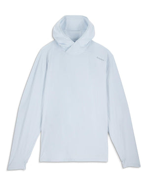 Simms Solarflex Hoody: ljusblå fisketröja med huva, långa ärmar, UPF 50+, tumhål och diskret bröstlogo.