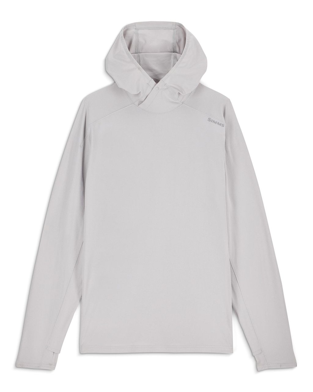 Ljusgrå Simms Solarflex Hoody med UPF 50+, lång ärm, huva och logga. Perfekt för fiskeäventyr och solskydd.