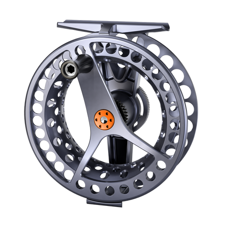Force -7+ SL flugfiskerulle i aluminium med stor spole, runda hål och orange handtag, perfekt för sportfiskeäventyr.