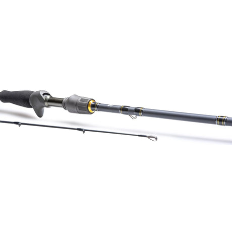 Närbild av Renzstein Beastly Stripe Cast spö 76 fot, 5-25g, tvådelat med foamhandtag och Microwave Line Guide.