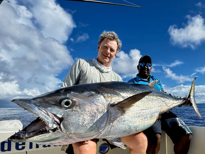 Stor dogtooth tuna lyft ombord vid Hawkins Bank Rodrigues